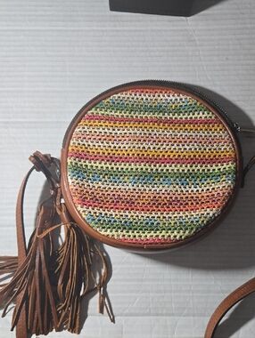 Patricia Naah Round Multicolor Woven Crossbody Bag with Tassel - Brown Trim